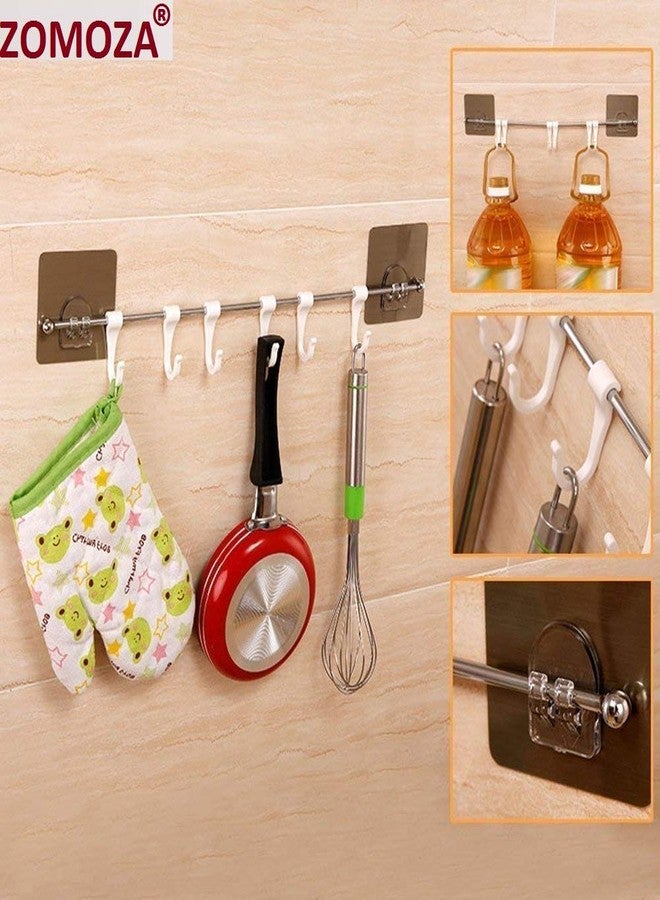ZOMOZA Multi-Purpose Rustproof Stainless Steel Rail with 6 Plastic Hooks Bathroom Kitchen Sticker Hanger for Storage Towel Kitchenware Hook Hanger - Multicolour - Image 3
